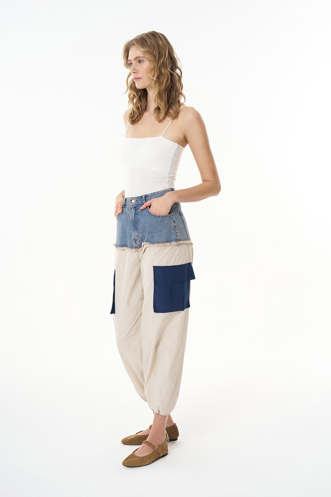 Denim Detaylı Cepli Paraşüt Pantolon Mavi