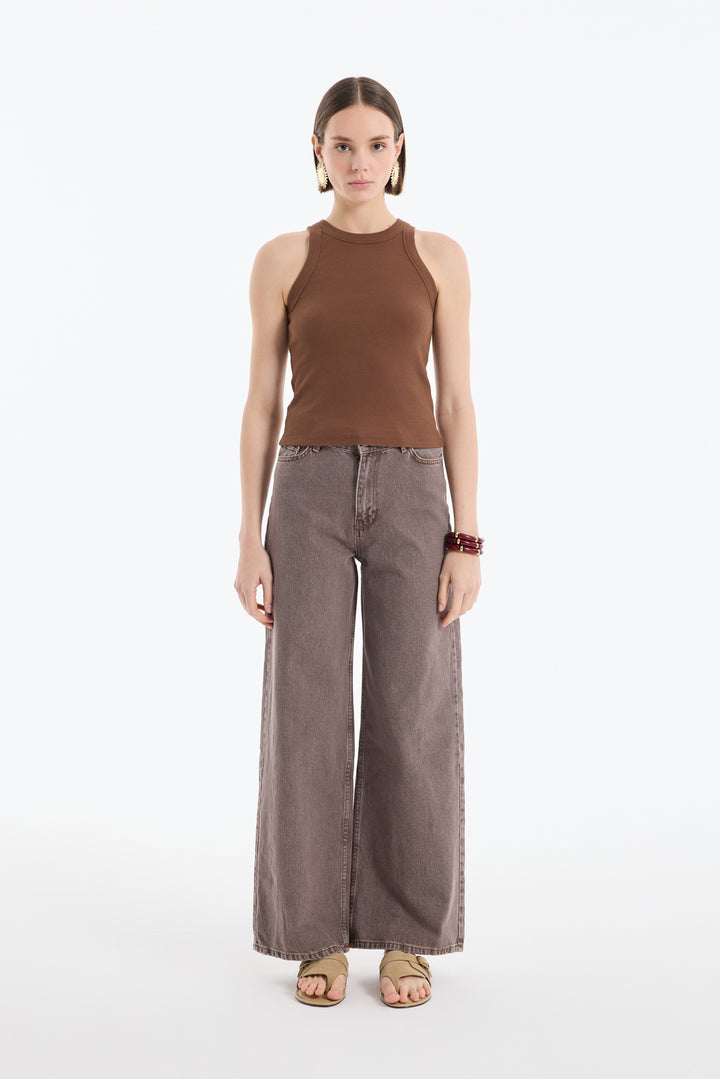 Halter Yaka Basic Fitilli Atlet Kahverengi