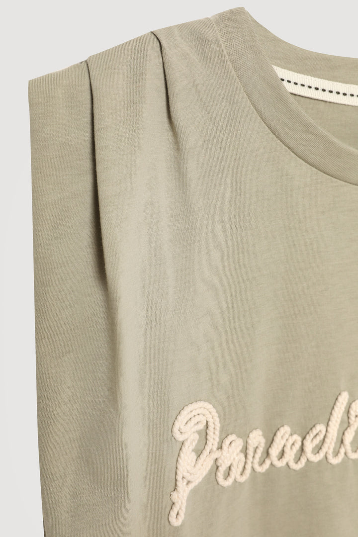 Yazı Nakışlı Kolsuz Crop Tişört Haki