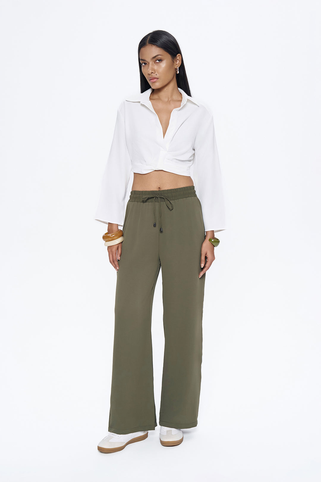 Elastic Waist Wide Leg Trousers Khaki