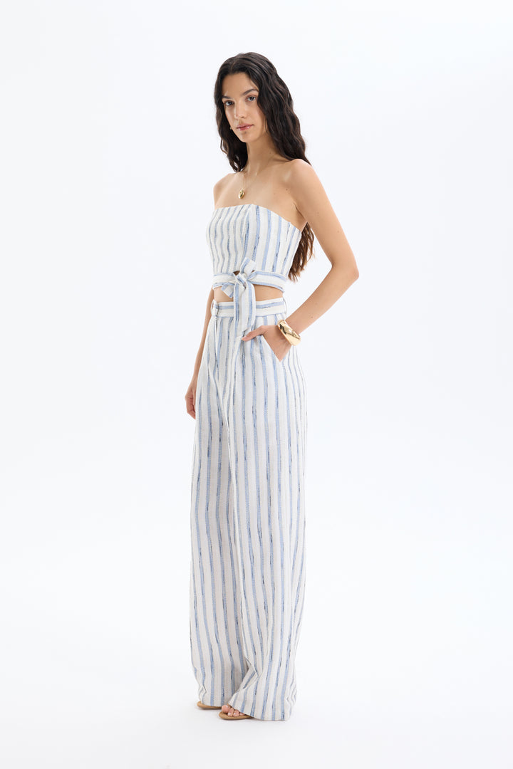 Çizgili Pensli Keten Palazzo Pantolon Mavi