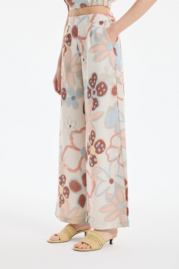 Renkli Çiçek Desenli Geniş Keten Pantolon Naturel