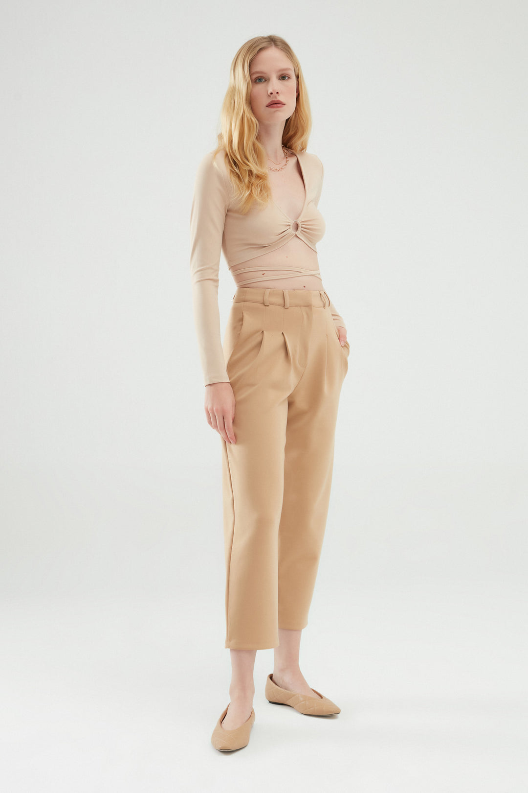 Low-cut V-Neck Blouse Beige