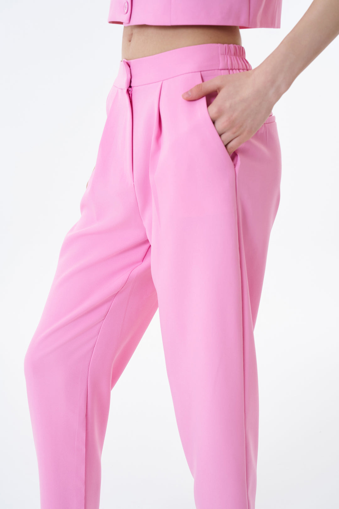 Beli Lastikli Kumaş Pantolon Pembe