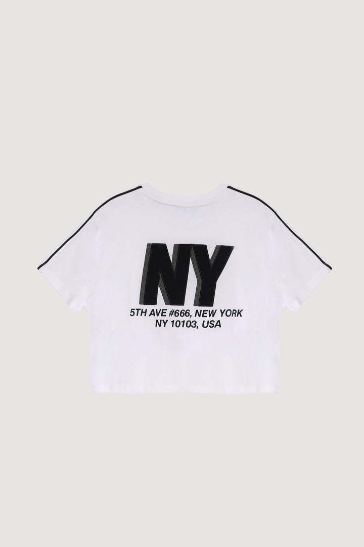 Yazı Baskılı Crop Kısa Kol Tişört Beyaz