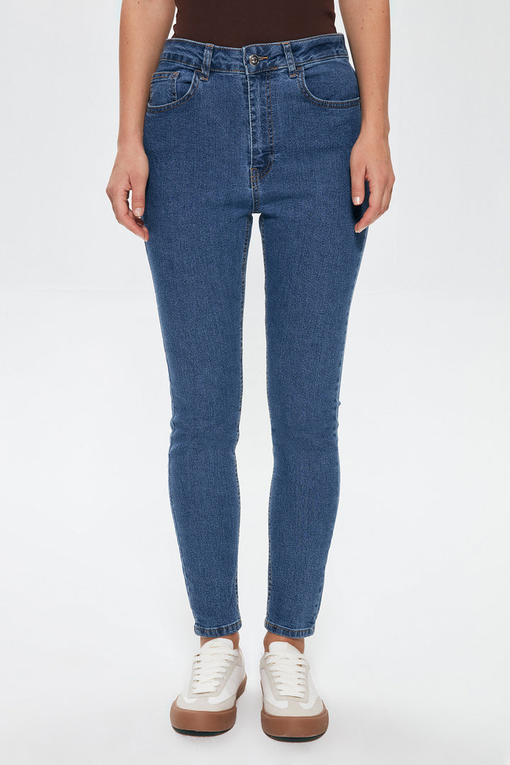 High Waist Slim Leg Jeans Trousers Blue