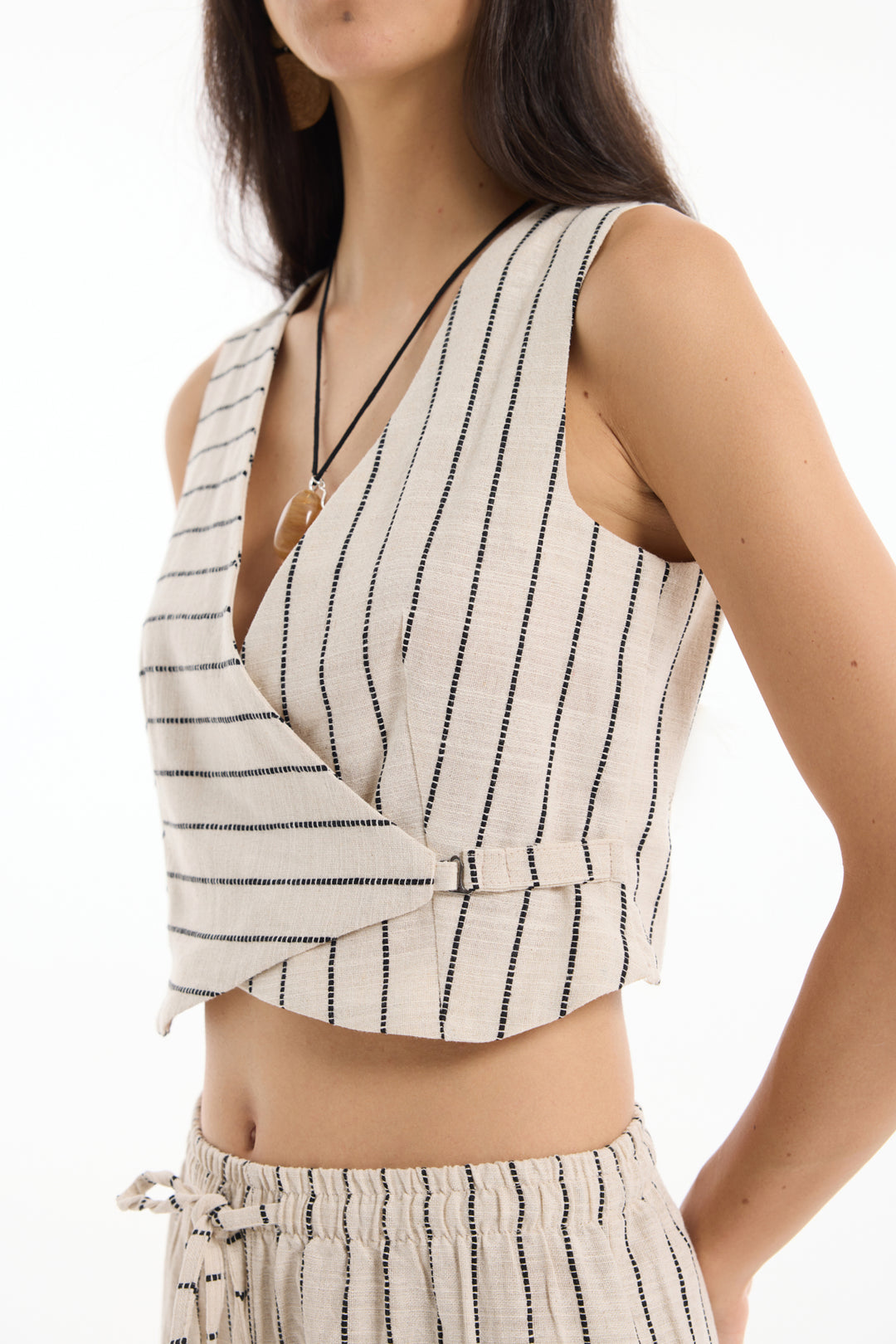 Kruvaze Yaka Keten Çizgili Bluz Naturel