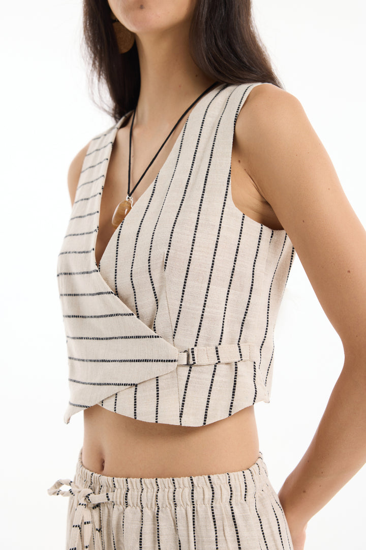 Kruvaze Yaka Keten Çizgili Bluz Naturel