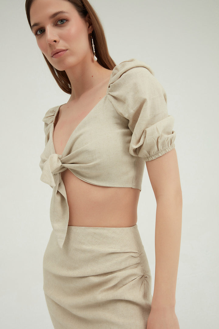 Tie Front Crop Linen Blouse Natural