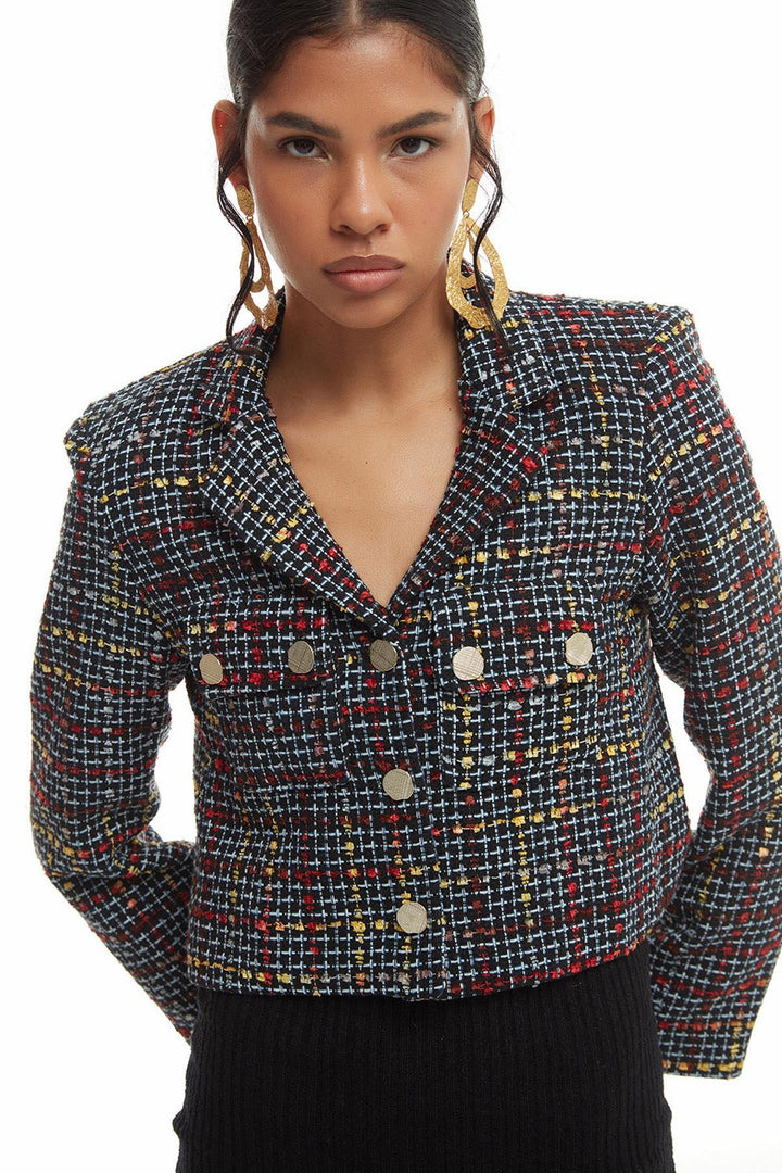 Button Detailed Tweed Blazer Jacket Black