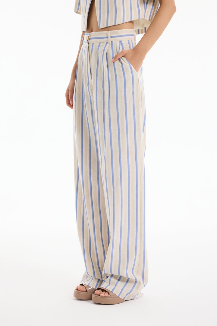 Kalın Çizgili Düz Kesim Pantolon Ekru