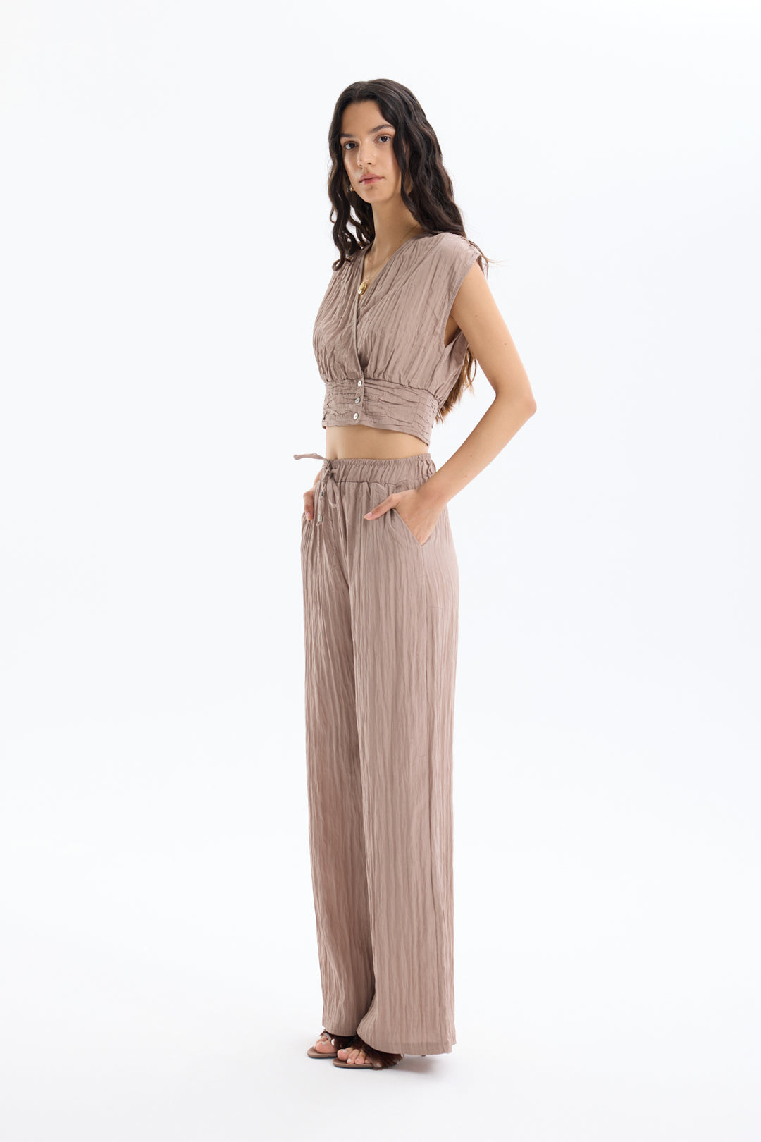 Kırışık Görünümlü Beli Lastikli Pantolon Açık Kahve