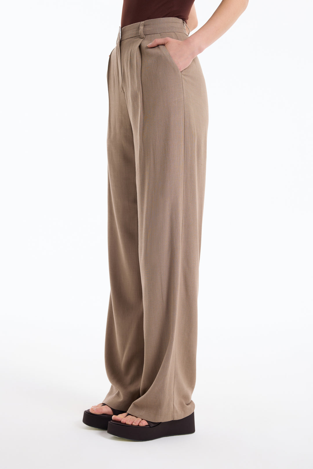 Yüksek Bel Keten Palazzo Pantolon Kahverengi