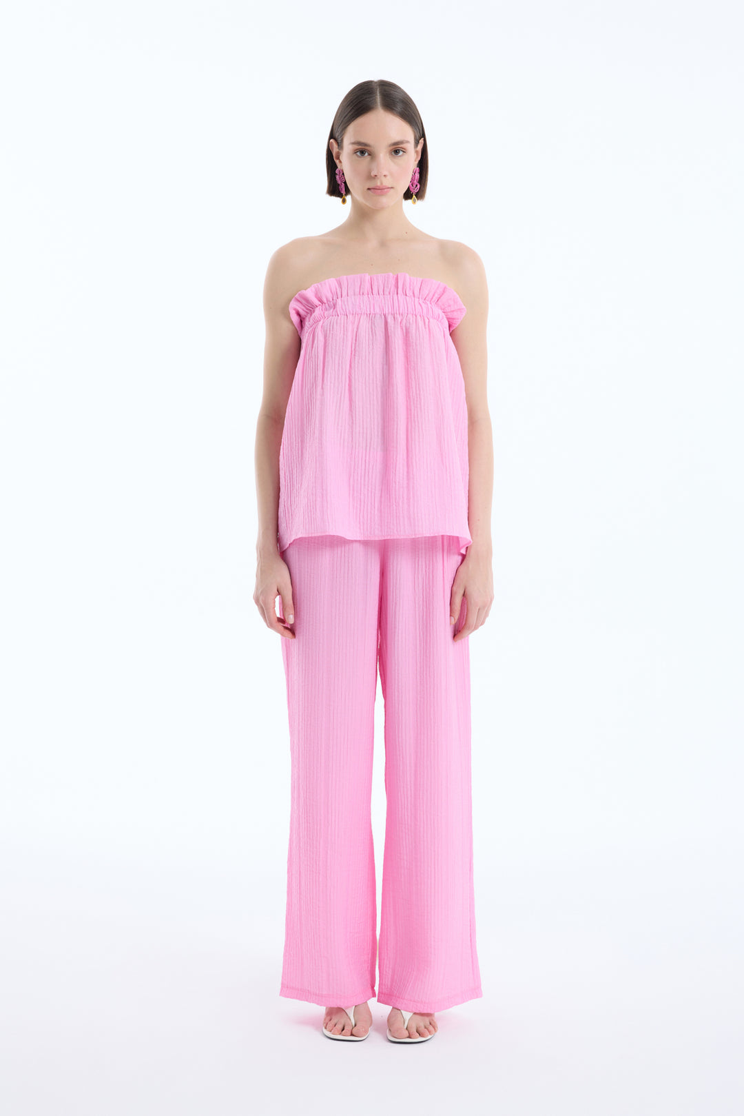 Gofre Kumaş Geniş Paça Pantolon Pembe