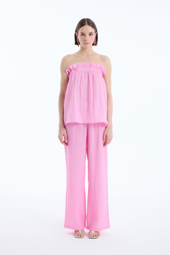 Gofre Kumaş Geniş Paça Pantolon Pembe