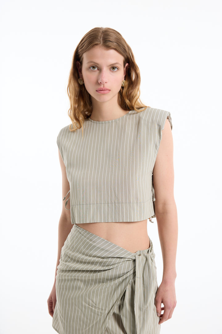 Yanları Bağlamalı Çizgili Vatkalı Bluz Haki