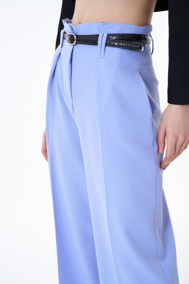 Kemer Detaylı Yüksek Bel Geniş Paça Pantolon Mavi