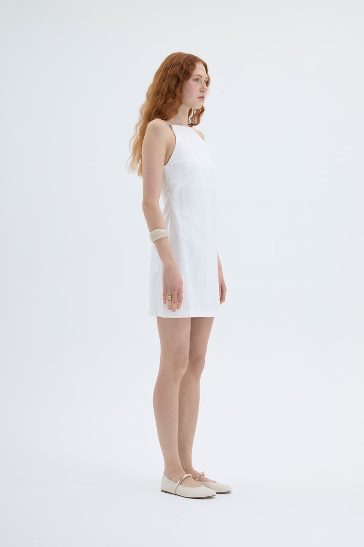 Halter Yaka Dokulu Mini Elbise Ekru