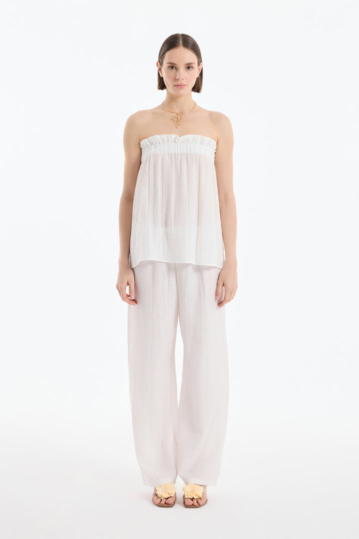 Gofre Kumaş Fırfırlı Straplez Bluz Ekru