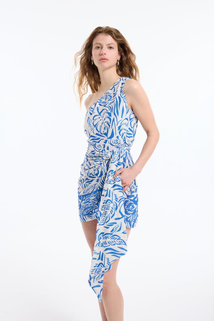 Yaprak Desenli Tek Omuz Büzgülü Elbise Mavi