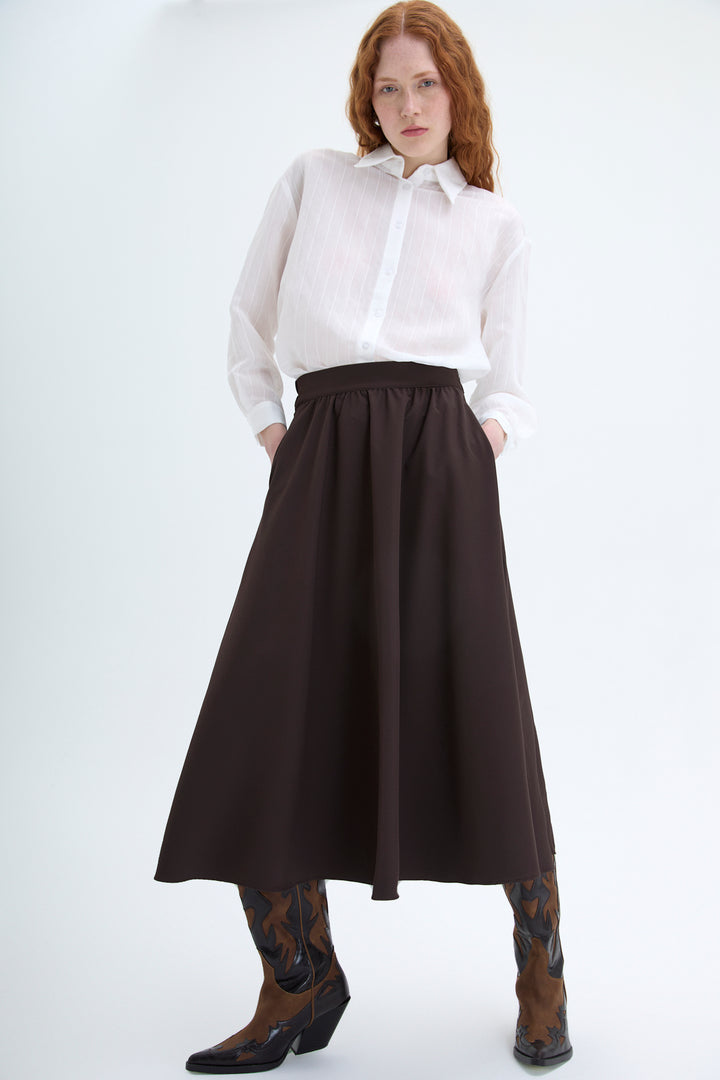 Beli Lastikli Midi Boy Basic Etek Kahverengi