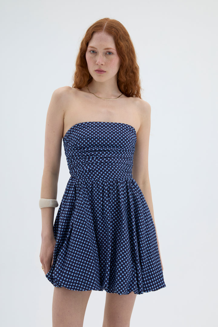 Puantiyeli Straplez Mini Balon Elbise Lacivert