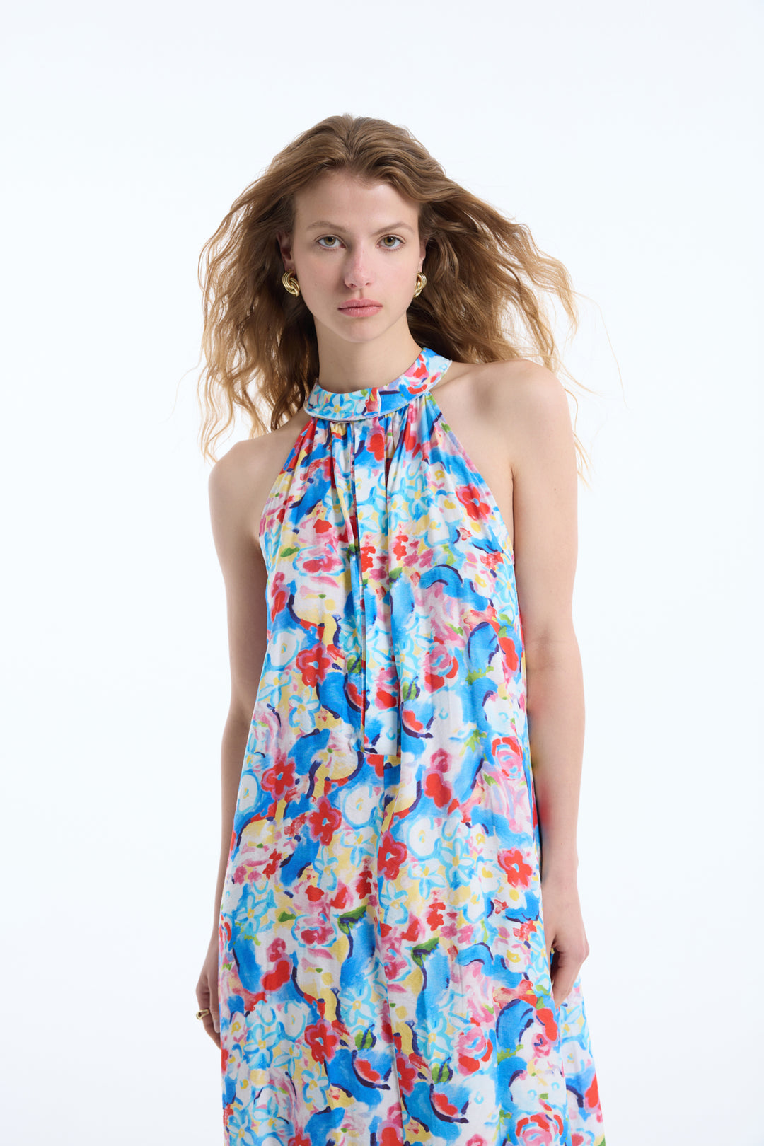 Halter Yaka Çiçek Desenli Uzun Elbise Mavi