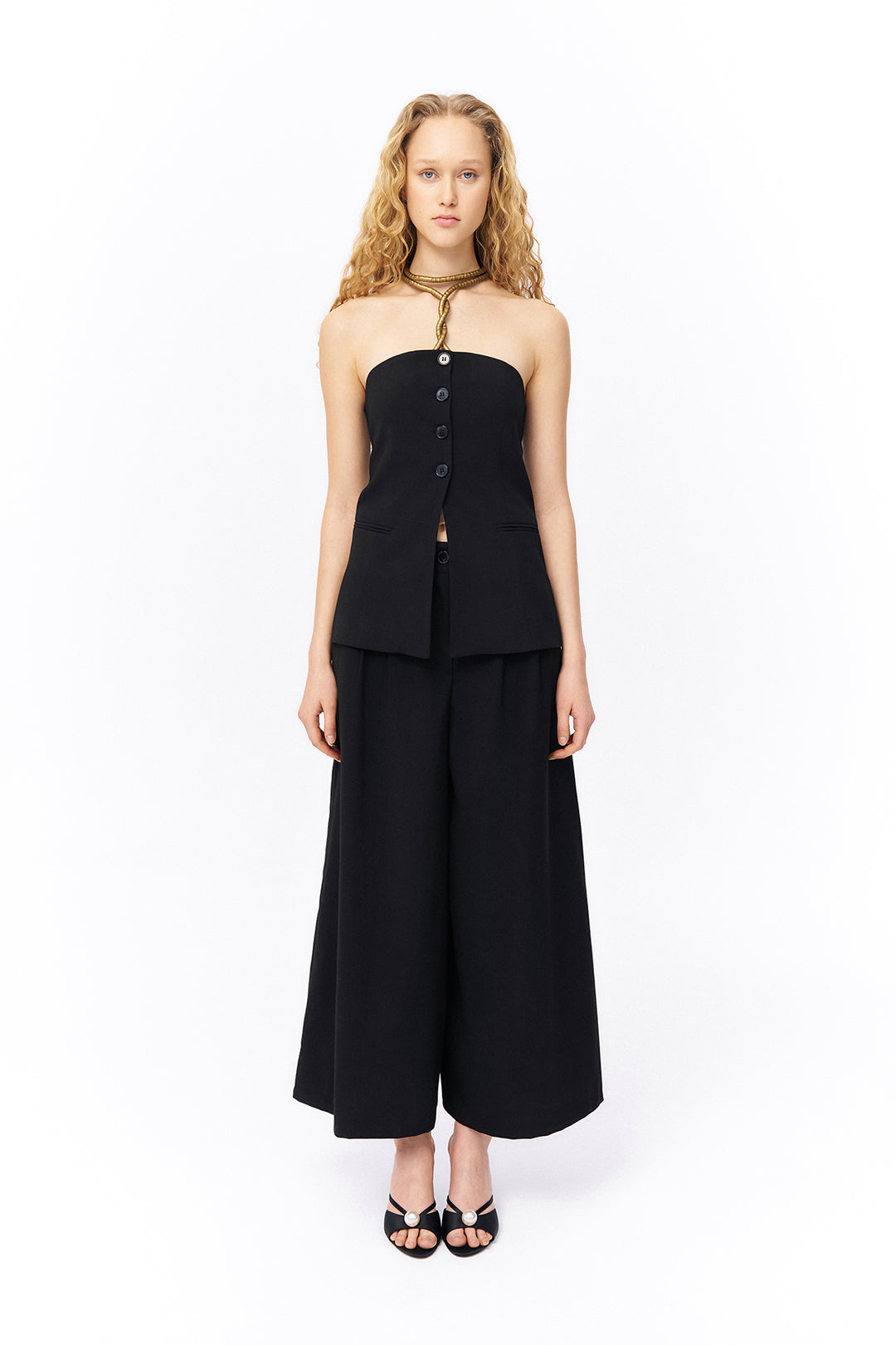 Düğme Detaylı Straplez Bluz Siyah