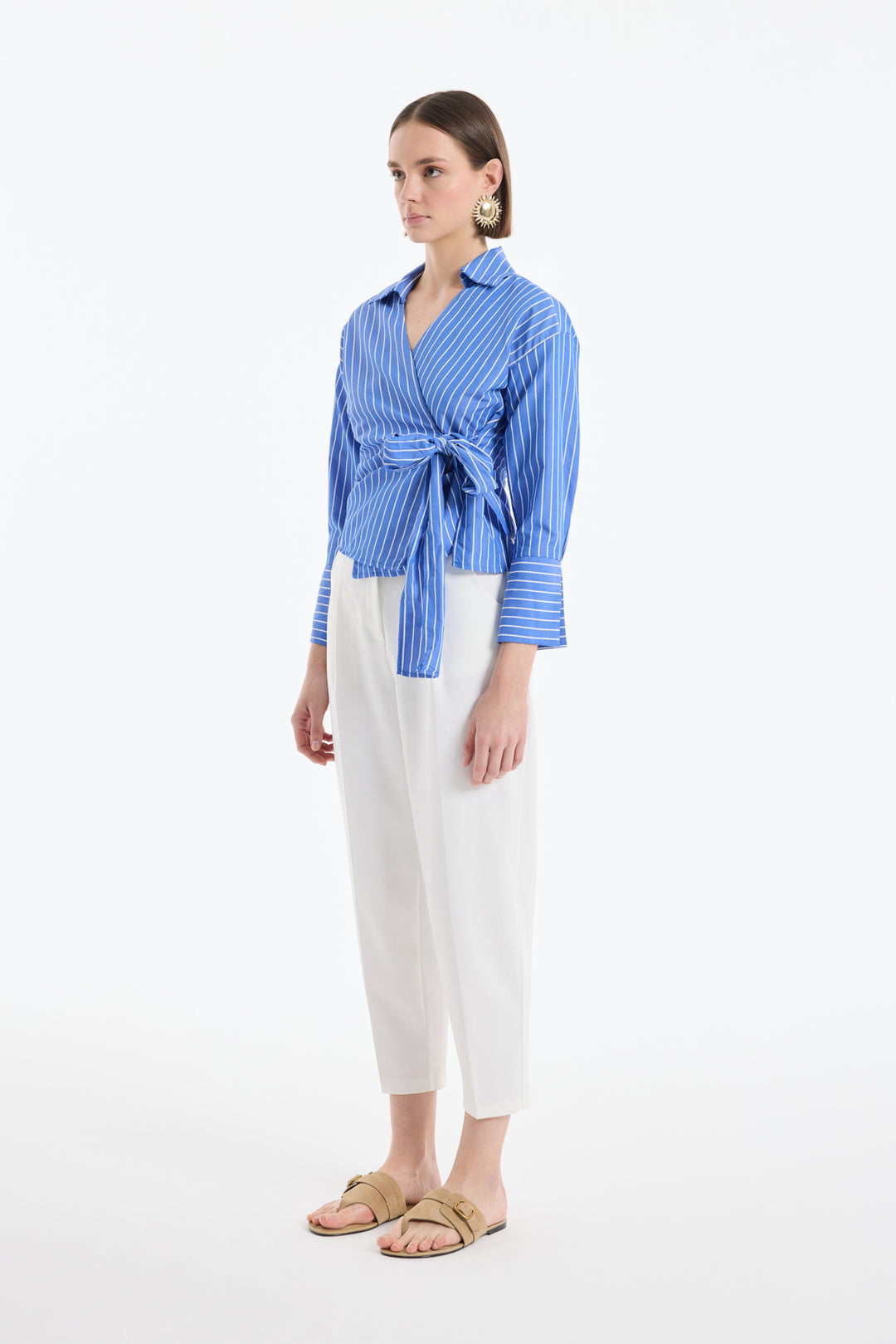 Kruvaze Bağlamalı Çizgili Bluz Koyu Mavi