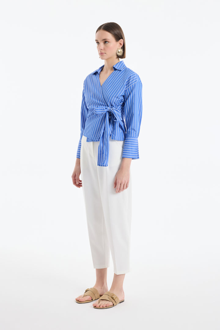 Kruvaze Bağlamalı Çizgili Bluz Koyu Mavi