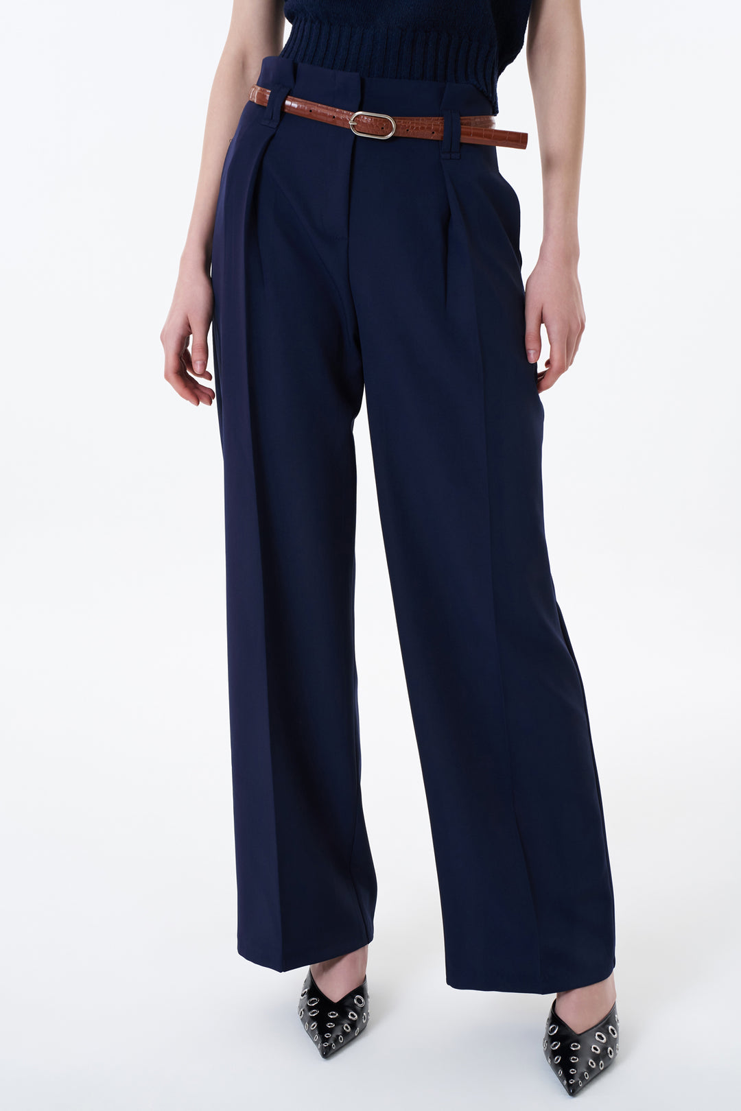 Kemer Detaylı Yüksek Bel Geniş Paça Pantolon Lacivert