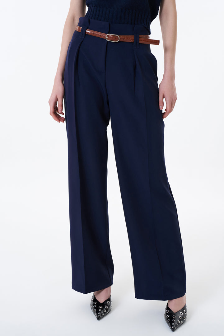 Kemer Detaylı Yüksek Bel Geniş Paça Pantolon Lacivert
