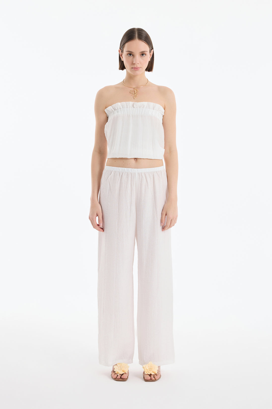 Gofre Kumaş Geniş Paça Pantolon Ekru
