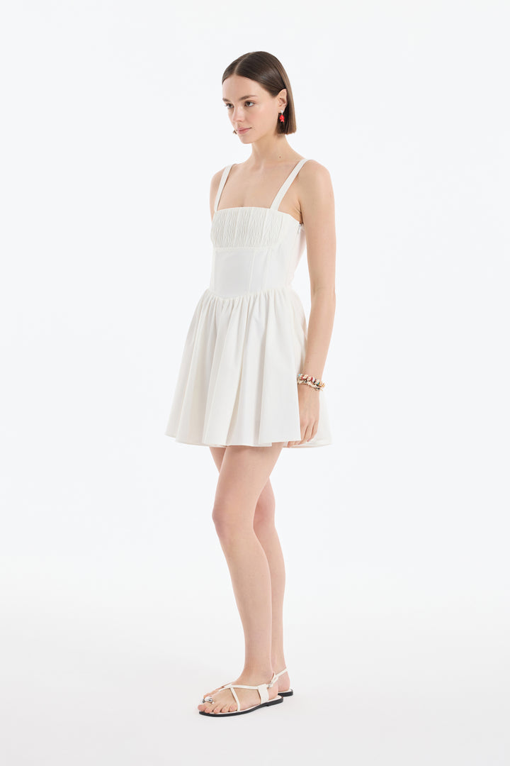 Kalın Askılı Pileli Mini Elbise Ekru
