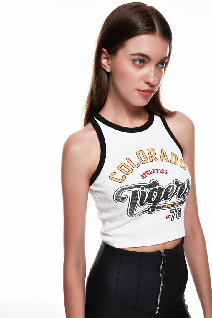 Print Detailed Crop Tank Top Ecru