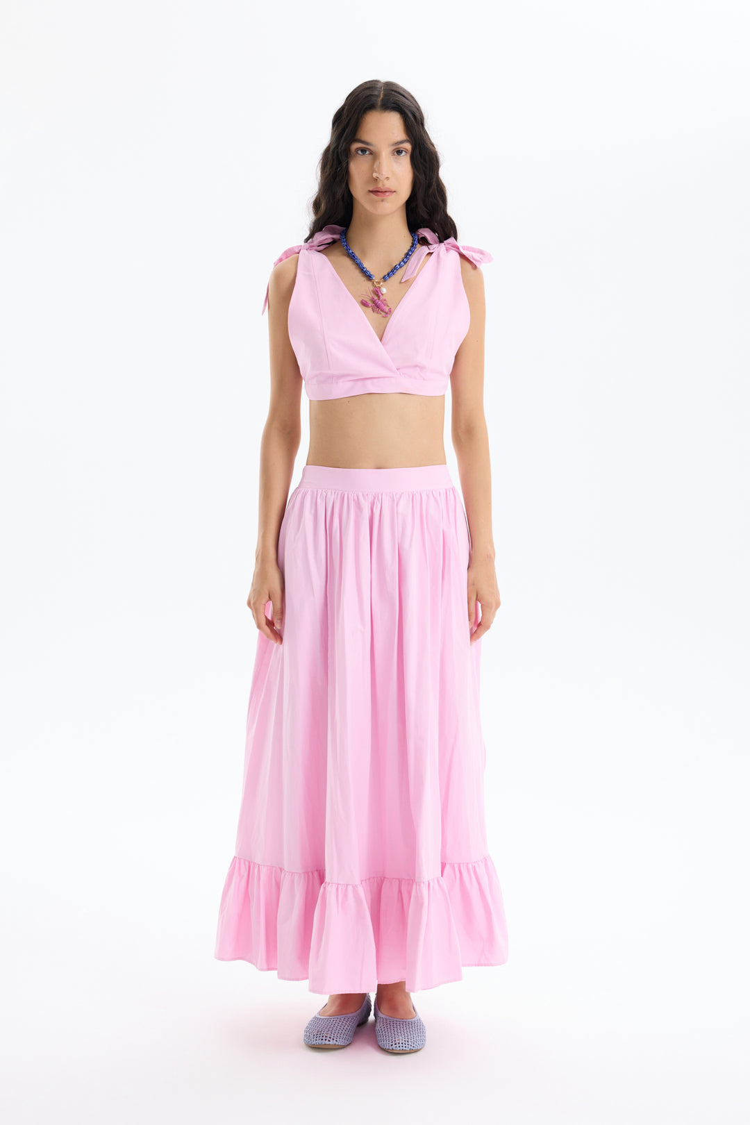 Pile Detaylı Yırtmaçlı Midi Boy Etek Pembe