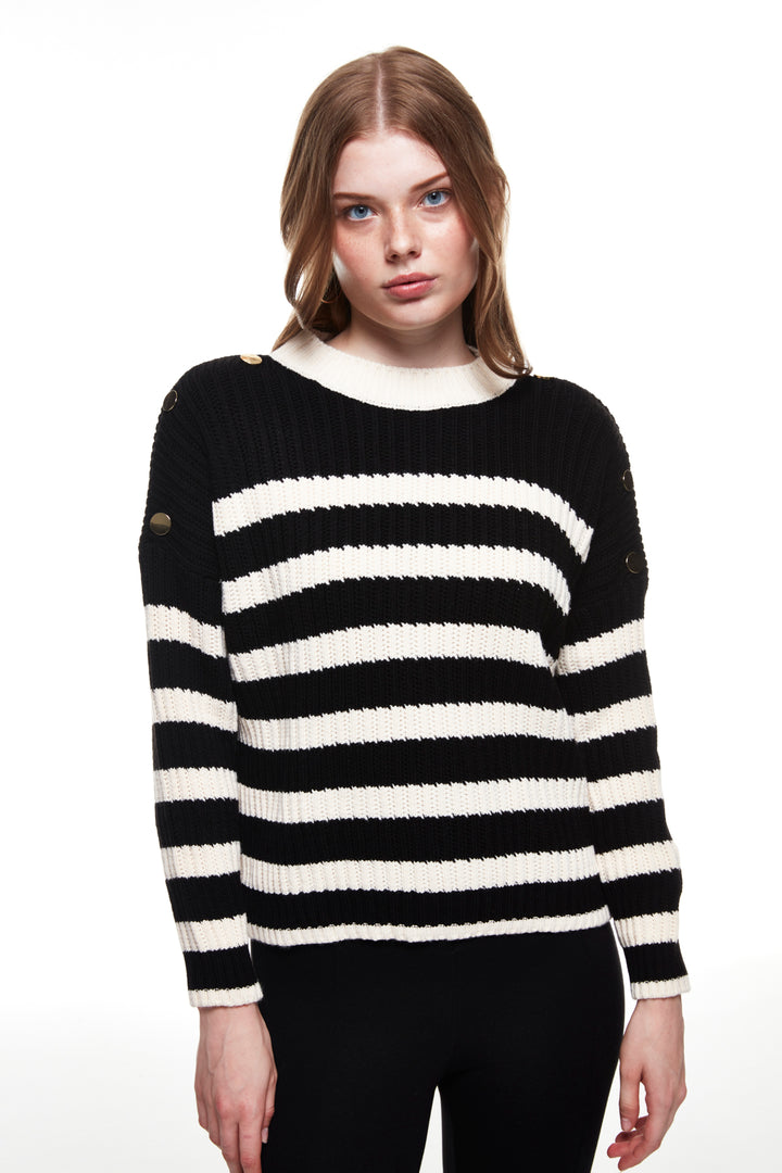 Buttoned Shoulder Striped Sweater Cream