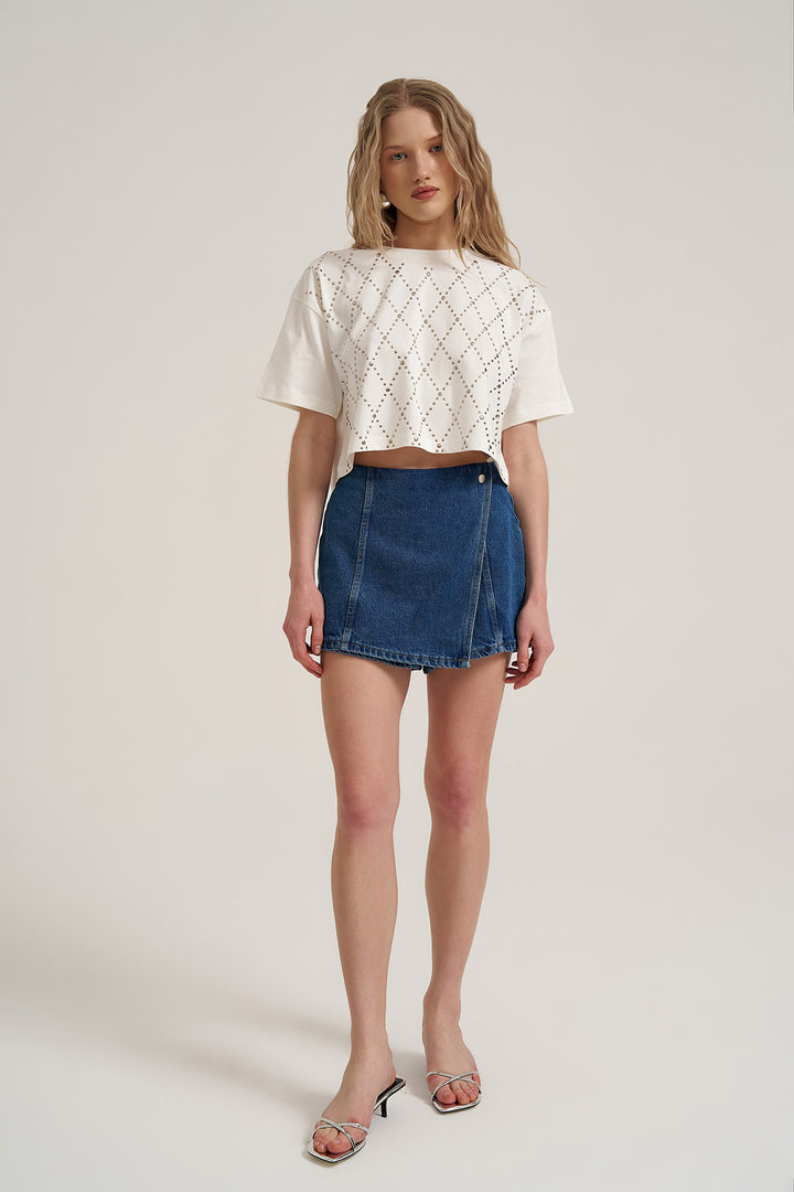 Trok Detaylı Kısa Kol Tişört Ekru