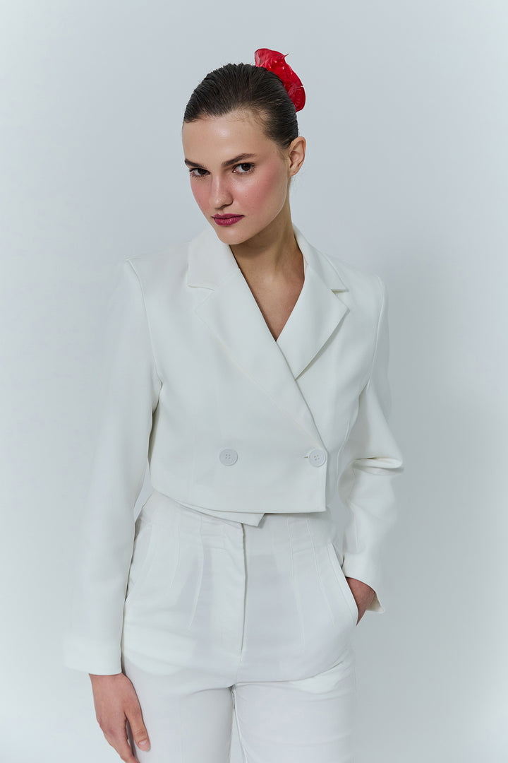 Double Breasted Crop Blazer Jacket Ecru