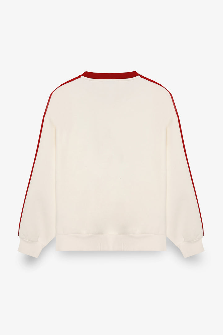 Şeritli Yazı Baskılı V Yaka Sweatshirt Ekru