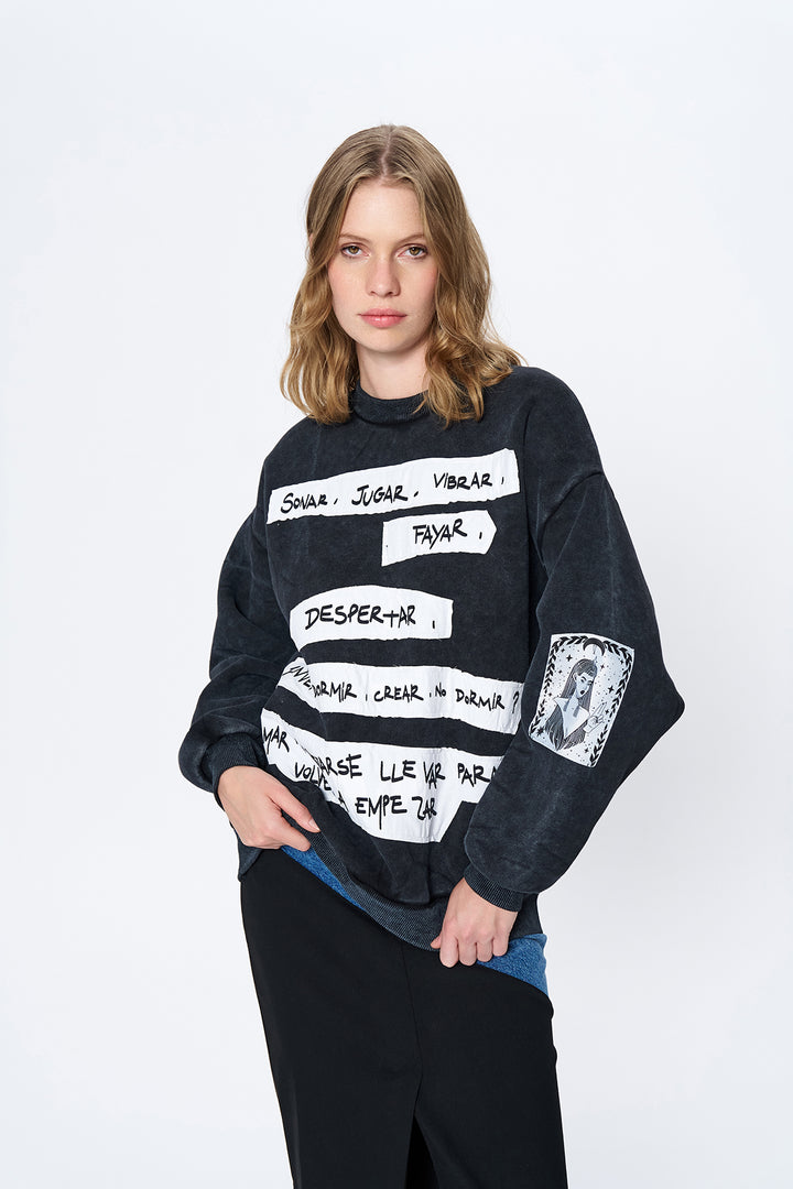 Eskitme Detaylı Patchli Sweatshirt Antrasit