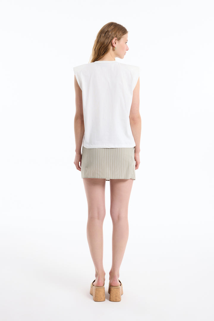 Nakış Yazılı Vatkalı Kolsuz Tişört Ekru