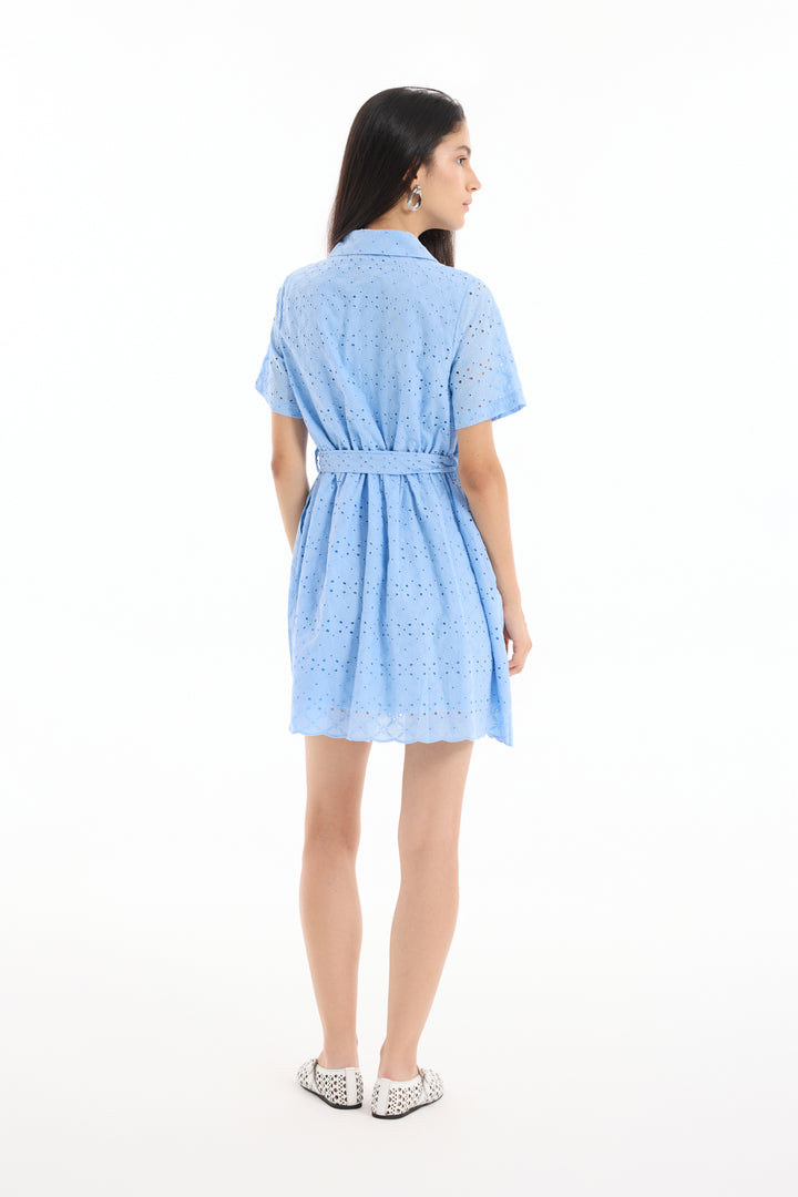 Fisto Detaylı Bağlamalı Mini Elbise Mavi