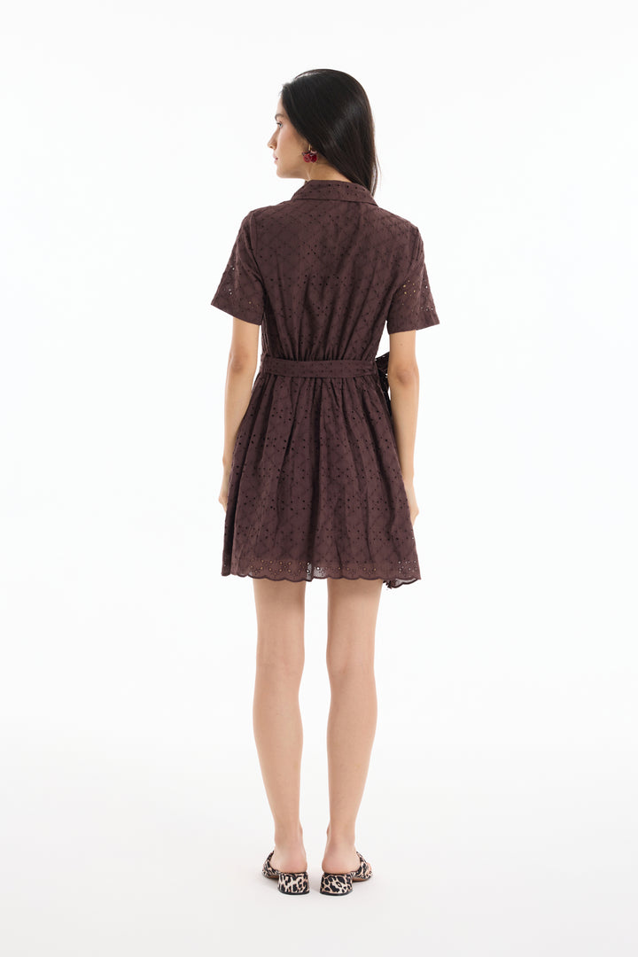 Fisto Detaylı Bağlamalı Mini Elbise Kahverengi