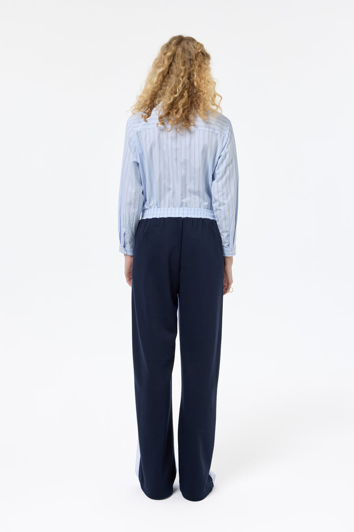 Kumaş Matchli Çizgili Beli Lastikli Pantolon Lacivert