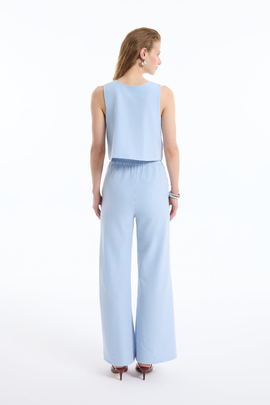 İnce Çizgili Kolsuz Bluz Mavi