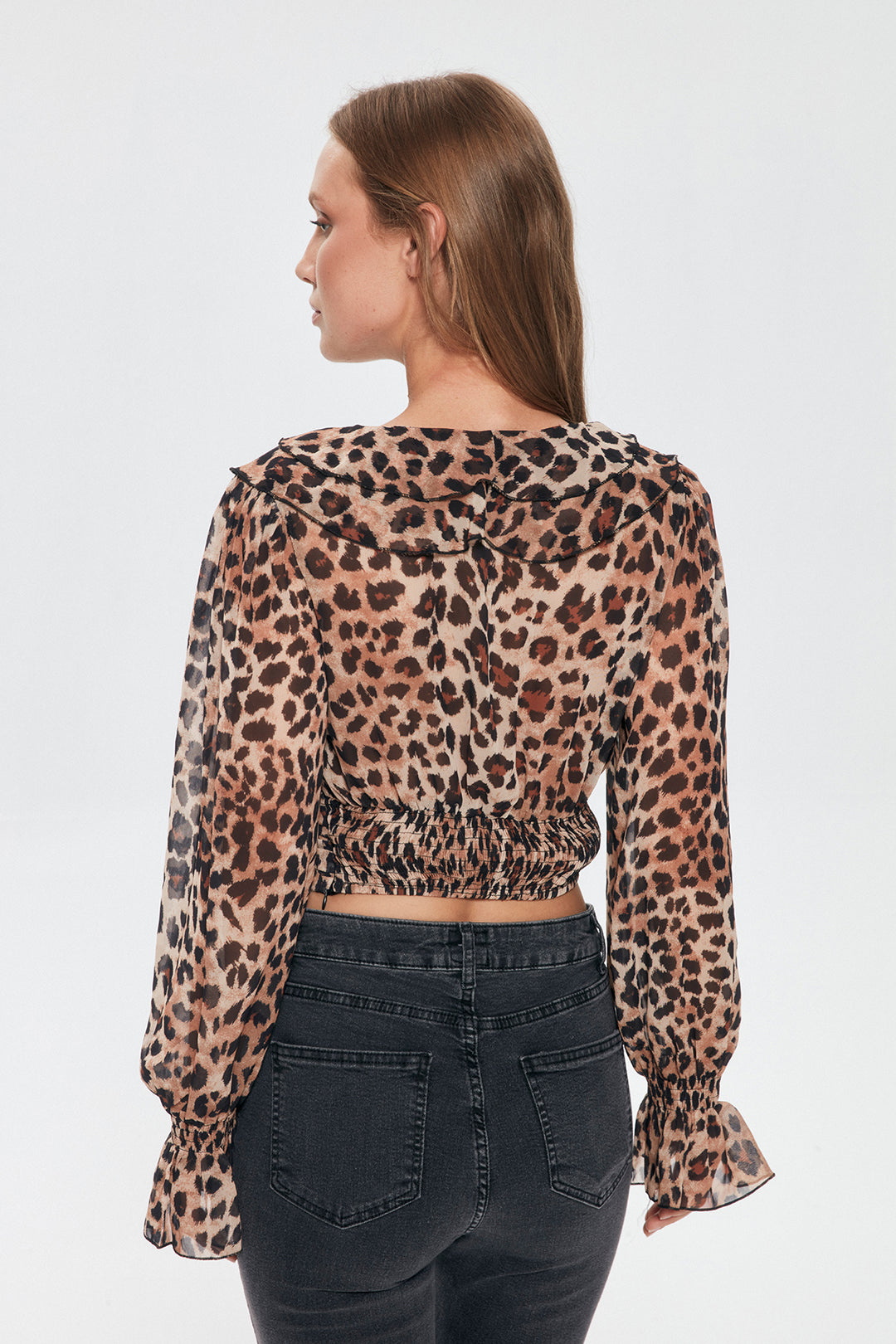 Leopar Desenli Crop Tül Bluz Kahverengi