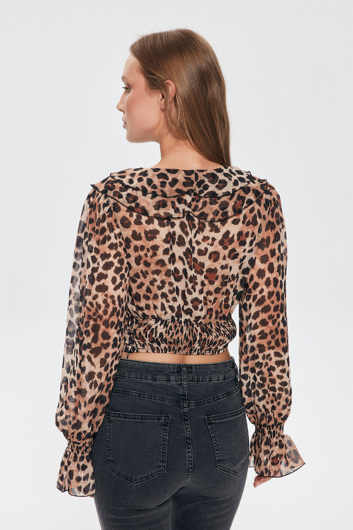 Leopar Desenli Crop Tül Bluz Kahverengi