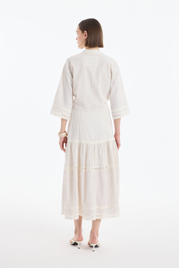 Şerit Dantelli Bağlamalı Kimono Naturel