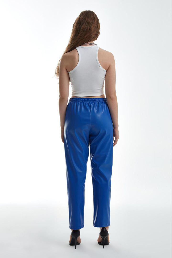 Elastic Waist Leather Trousers Dark Blue